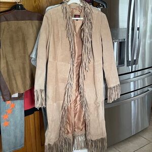 Gallery Long Leather Yan Brown Beige Suede Jacket With Fringe X Large
